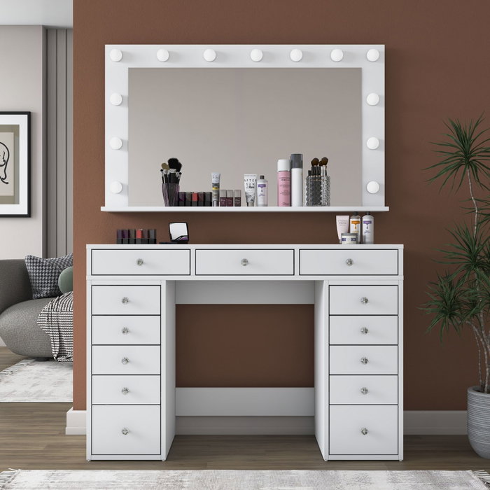 Hanah Home BJ196 - 5170 Mesa de Maquillaje Blanca con Espejo y 13 Focos